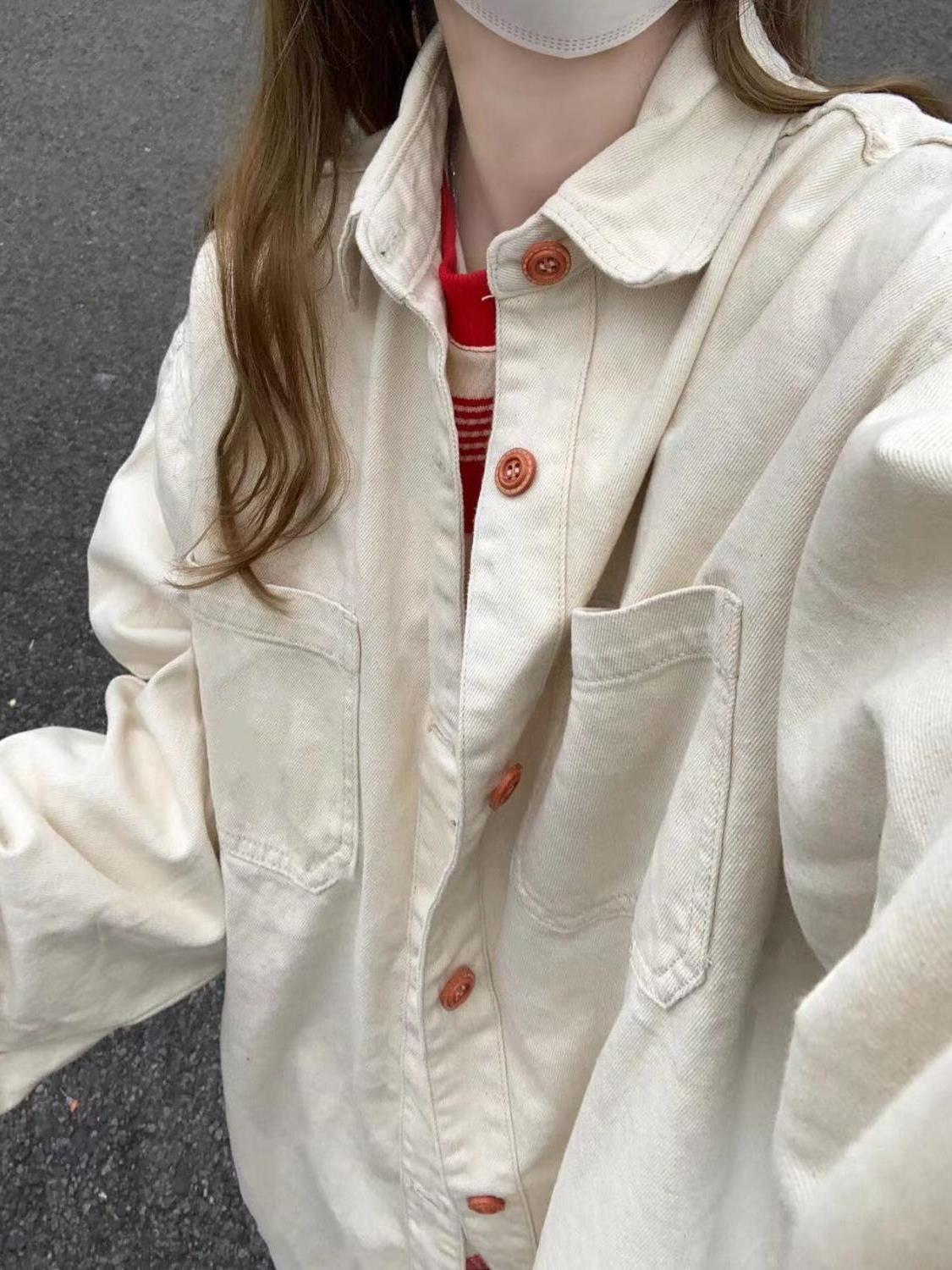 雙口袋奶杏色純棉襯衫女小眾設計感百搭顯瘦休閒長袖襯衣外穿ins