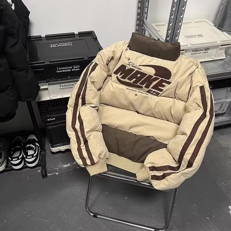 美式街頭復古立領拼色棉服男女款加厚保暖寬鬆百搭情侶麵包服外套