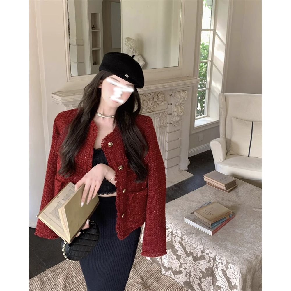 Red small fragrant style short coat for women in autumn and winter new style French temperament socialite quilted thickened tweed woven top