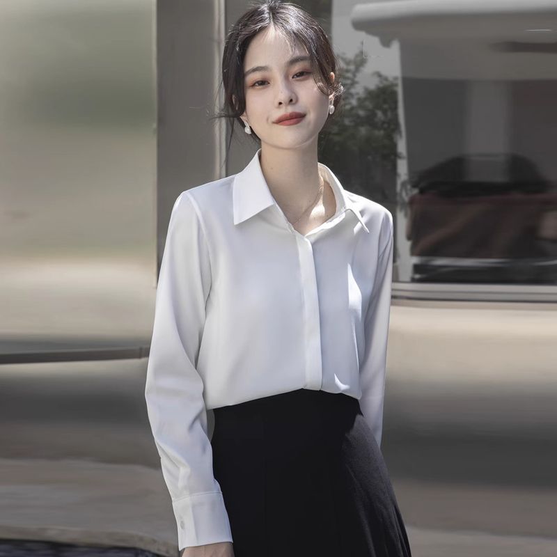 緞面長袖襯衣女春秋款韓版通勤簡約氣質輕熟風垂感職場襯衫上衣潮