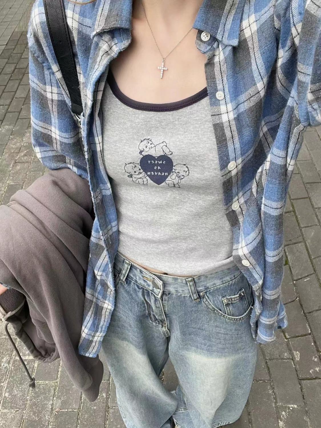 秋冬藍色格子襯衫外套女2023新款百搭顯瘦慵懶風潮牌長袖襯衣外搭