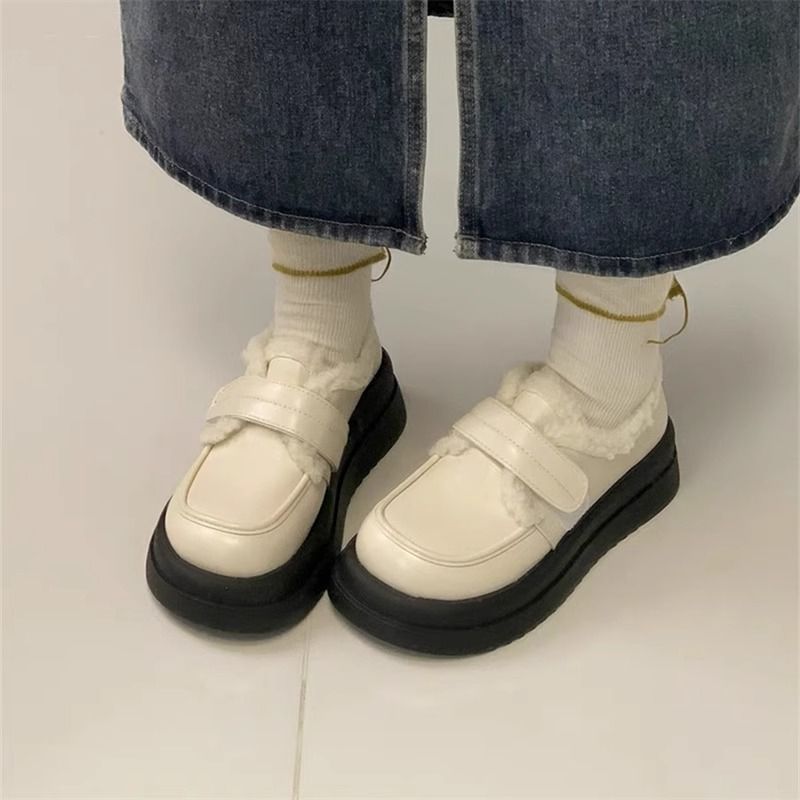 加絨厚底瑪麗珍小皮鞋女2023新款英倫風厚底百搭JK樂福棉鞋