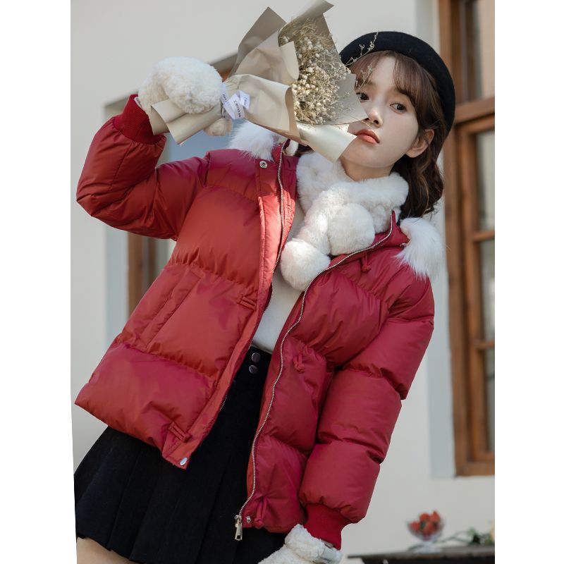 Winter thickened fur collar artistic down cotton coat for small people and short style new loose Christmas red New Year coat and cotton coat