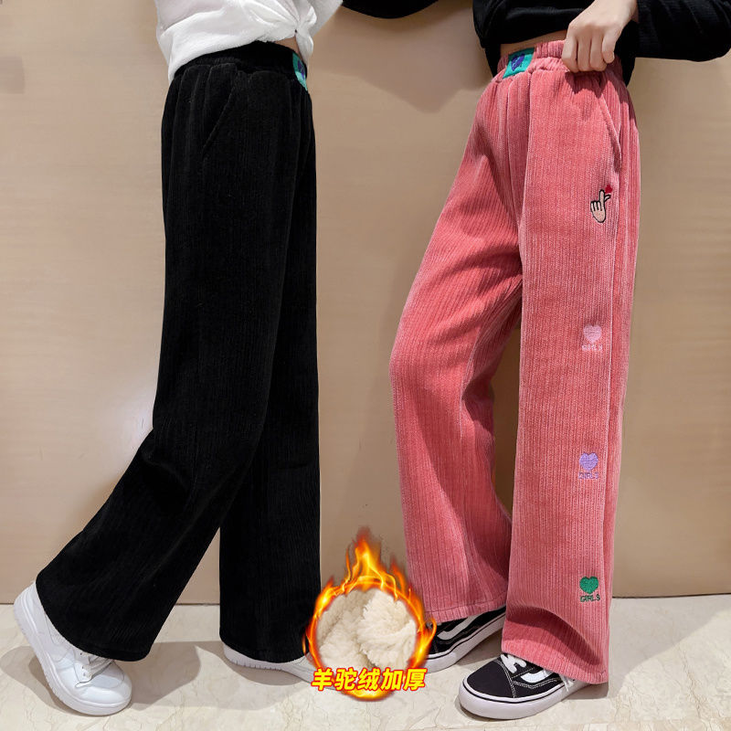 女童加絨褲子2023兒童保暖雪尼爾闊腿褲洋氣中大童羊駝絨加厚長褲
