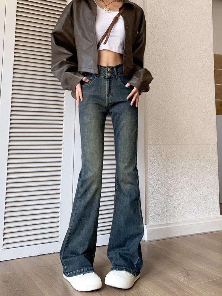 復古高腰微喇牛仔褲女2023春秋新款小個子彈力顯瘦喇叭拖地長褲子
