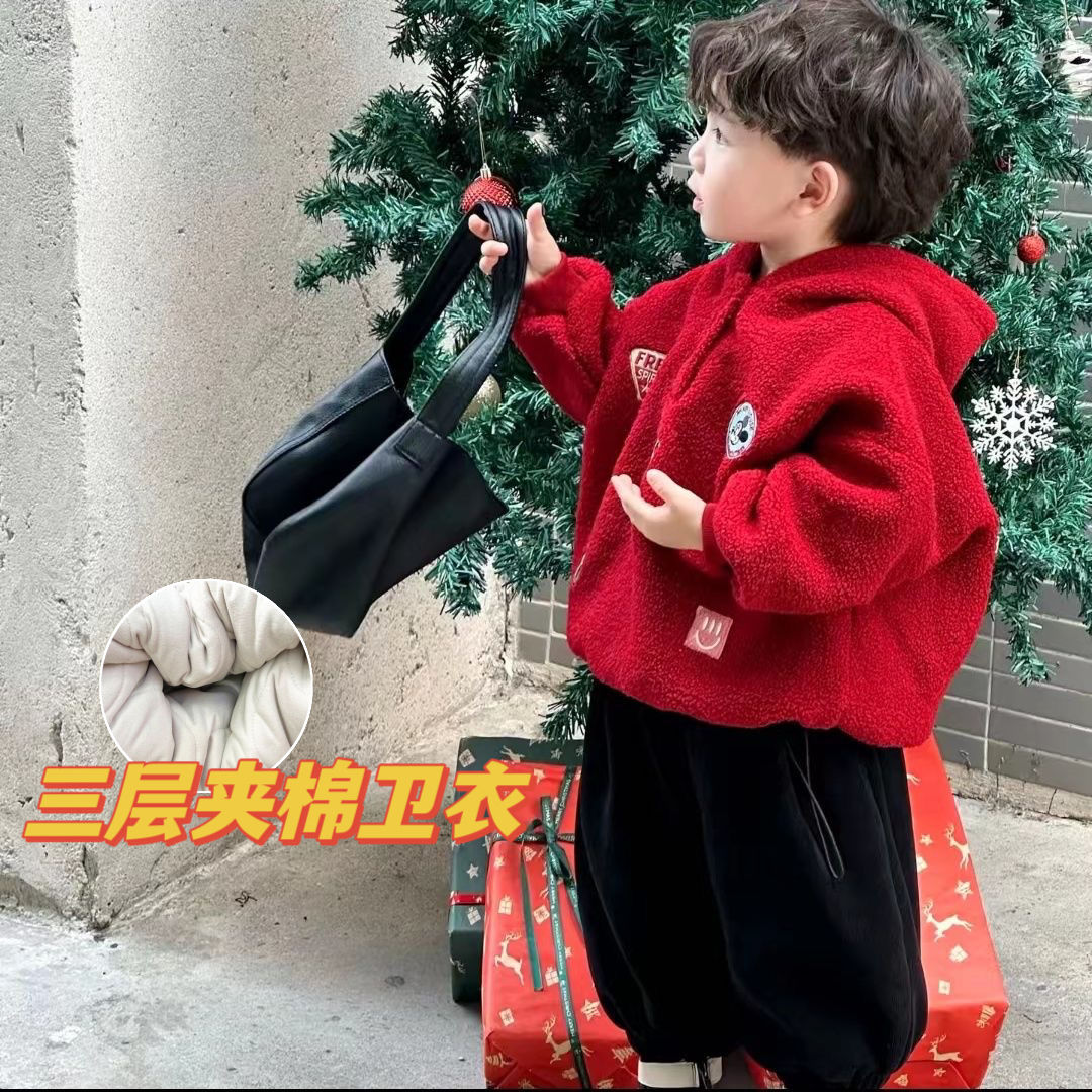 High-quality version~Winter new three-layer quilted red Christmas and New Year sweatshirt suit with western style velvet top and pants