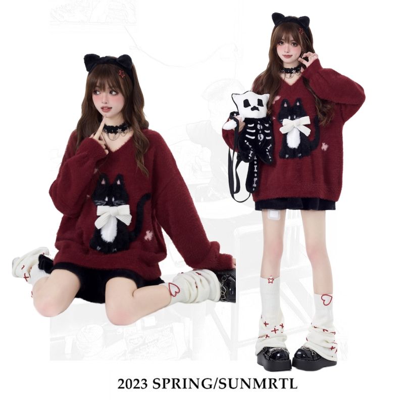 crazygirl【慵懶小貓】原創蝴蝶結軟糯秋冬新年紅寬鬆內搭毛衣