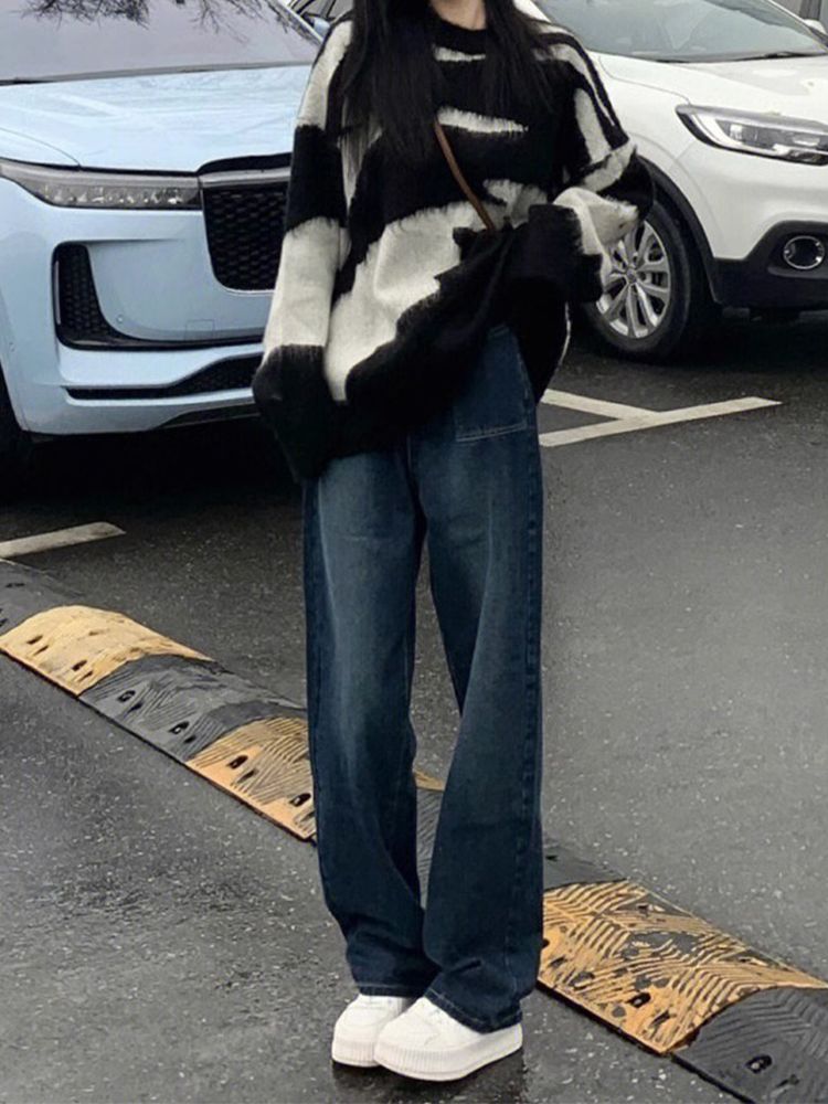 藍色復古闊腿牛仔褲女冬季新款做舊高腰寬鬆顯瘦百搭直筒拖地褲子