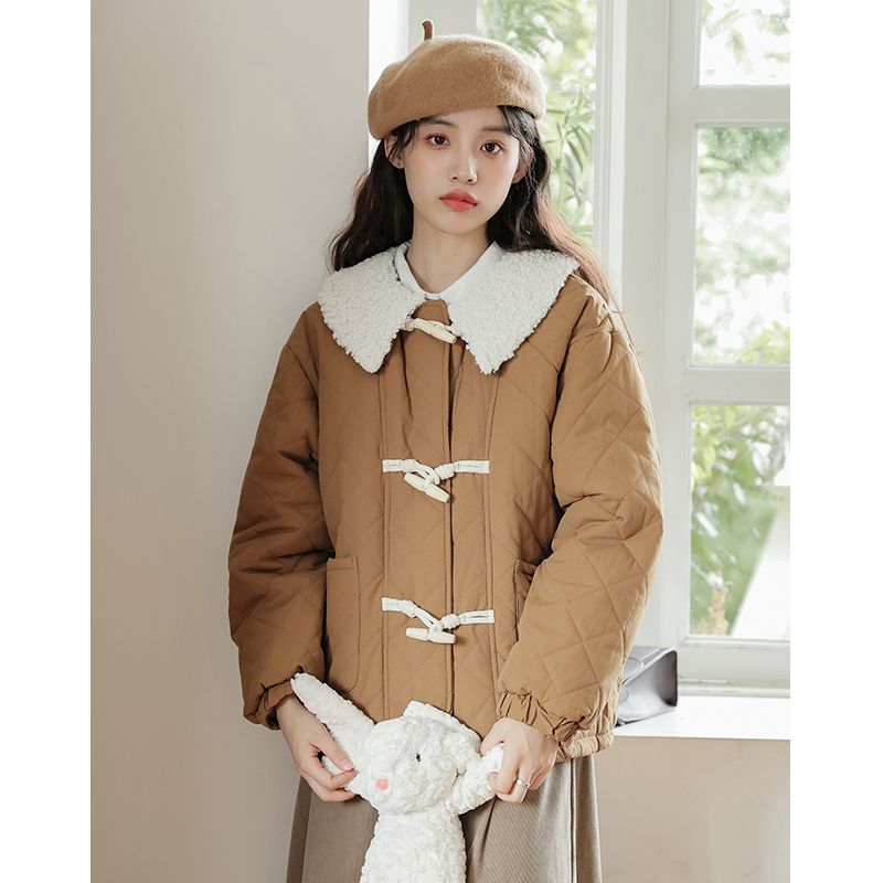 Literary Maillard Lamb Wool Doll Collar Spliced ​​Down Jacket Versatile Winter Small Warm Cotton Jacket for Women