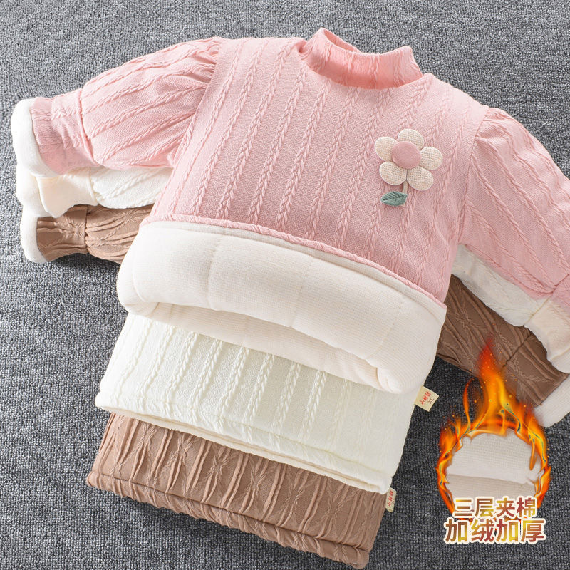 Baby bottoming shirt with velvet and thickening for children and girls half turtleneck striped winter warm and stylish sweatshirt bottoming cotton jacket