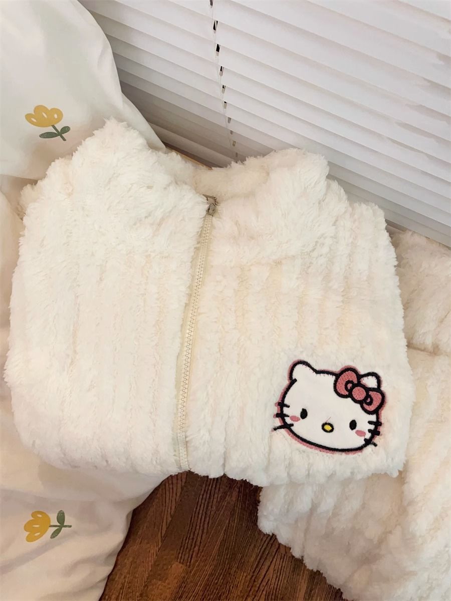 珊瑚絨睡衣女秋冬季新款韓版長袖可愛日系KT小貓加厚保暖家居服