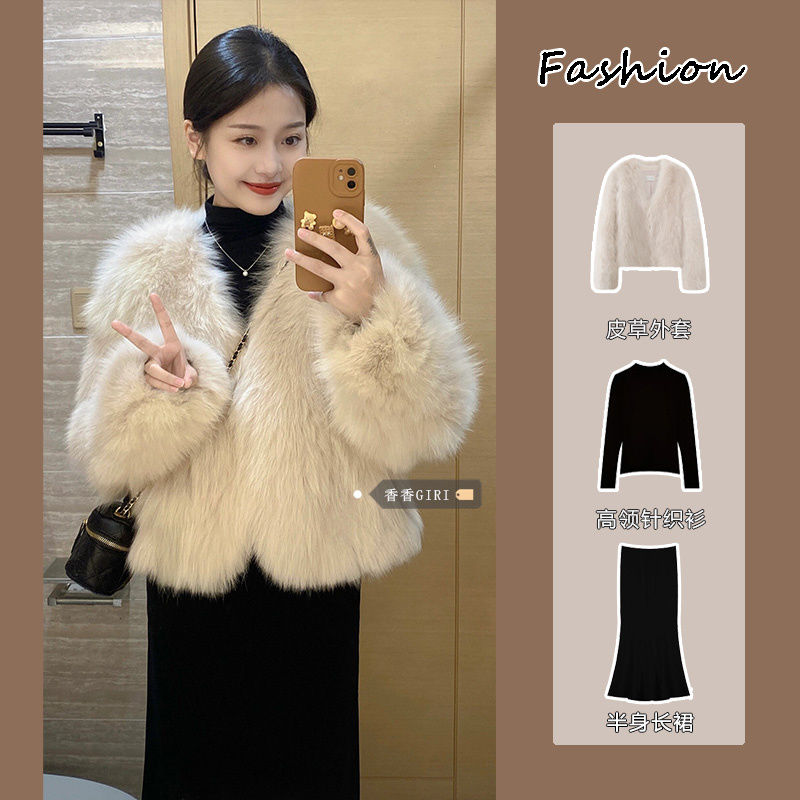 Suit women's autumn and winter style small fragrance quilted warm fur jacket high collar bottoming sweater high waist skirt