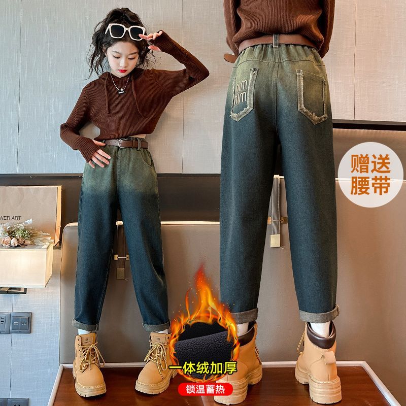 女童加絨褲子秋冬外穿一體絨加厚老爹褲女大童冬天休閒兒童牛仔褲