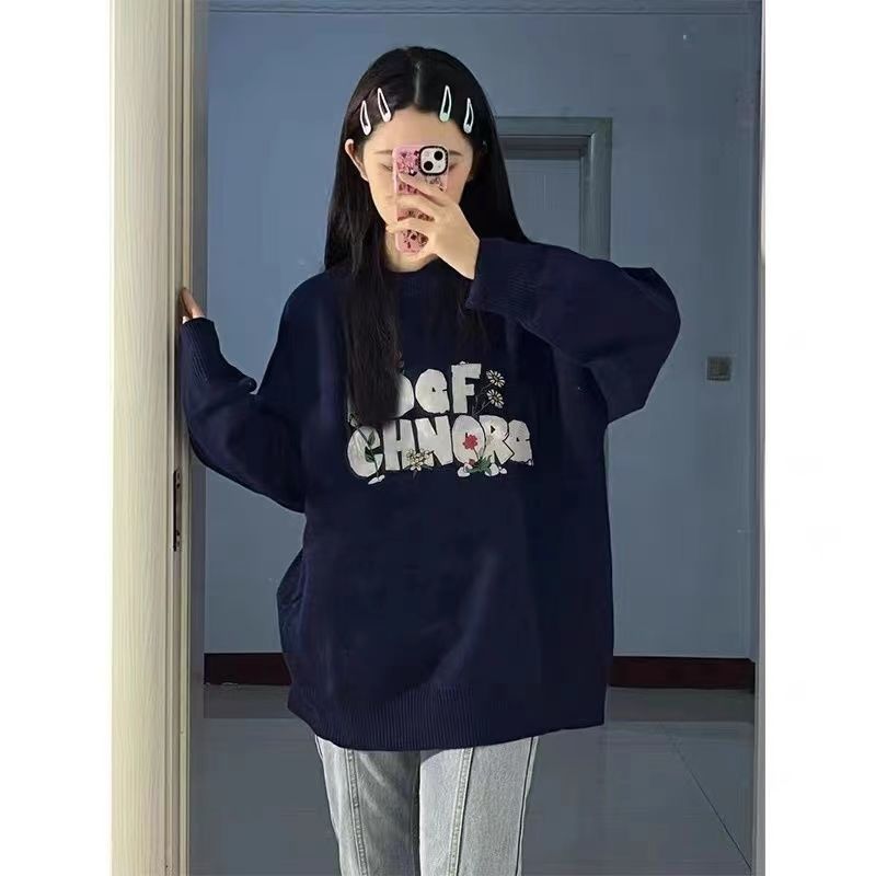 2023秋冬t季圓領藏青色衛衣女新款ins潮原宿小眾bf外穿寬鬆上衣