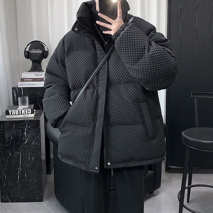 冬季華夫格棉衣男寬鬆潮流情侶立領純色棉服ins港風潮牌休閒外套