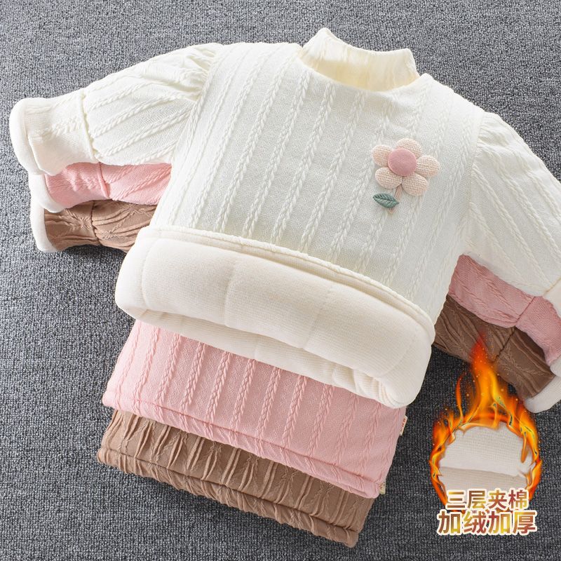 Baby bottoming shirt with velvet and thickening for children and girls half turtleneck striped winter warm and stylish sweatshirt bottoming cotton jacket