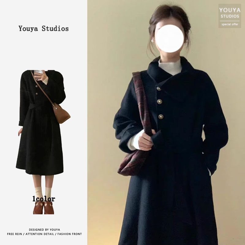 韓系黑色毛呢外套女冬季新款小個子高級感加厚中長款過膝呢子大衣