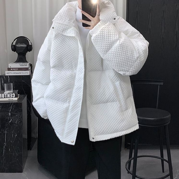 冬季華夫格棉衣男寬鬆潮流情侶立領純色棉服ins港風潮牌休閒外套