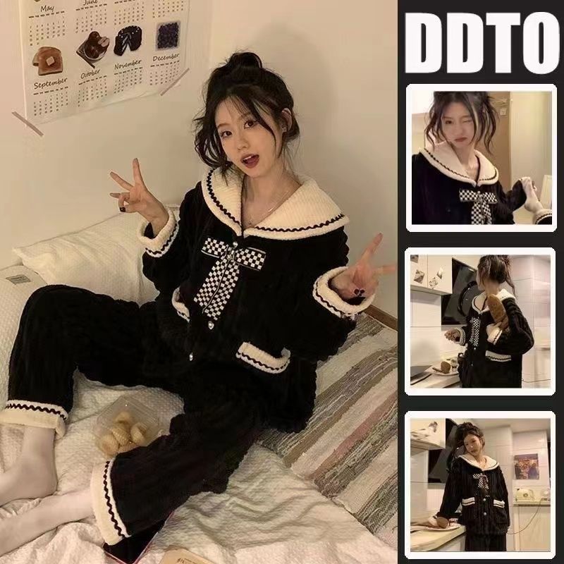 海軍領睡衣女秋冬季珊瑚絨加厚保暖網紅風蝴蝶結小香風家居服套裝