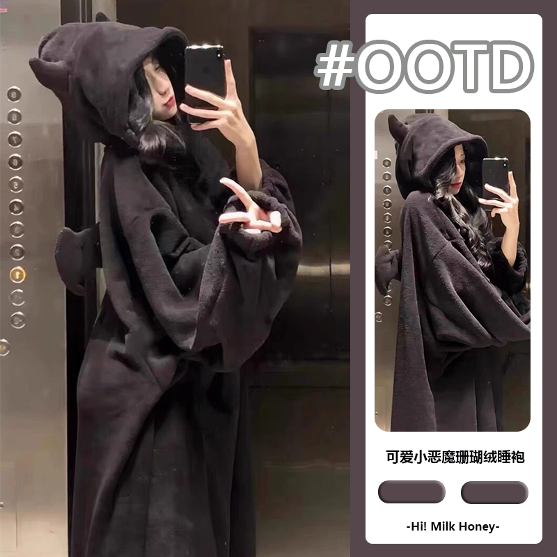 小怪獸連帽法蘭絨睡衣女加絨加厚冬季新款少女家居服睡袍外穿睡裙