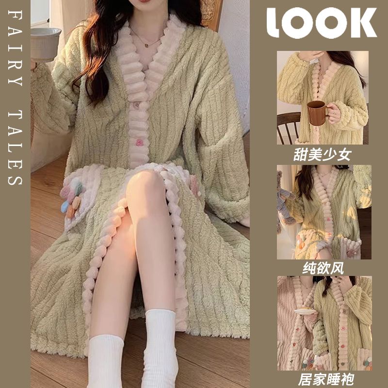 甜美太陽花法蘭絨睡衣女冬季加絨加厚保暖高顏值珊瑚絨居家服套裝