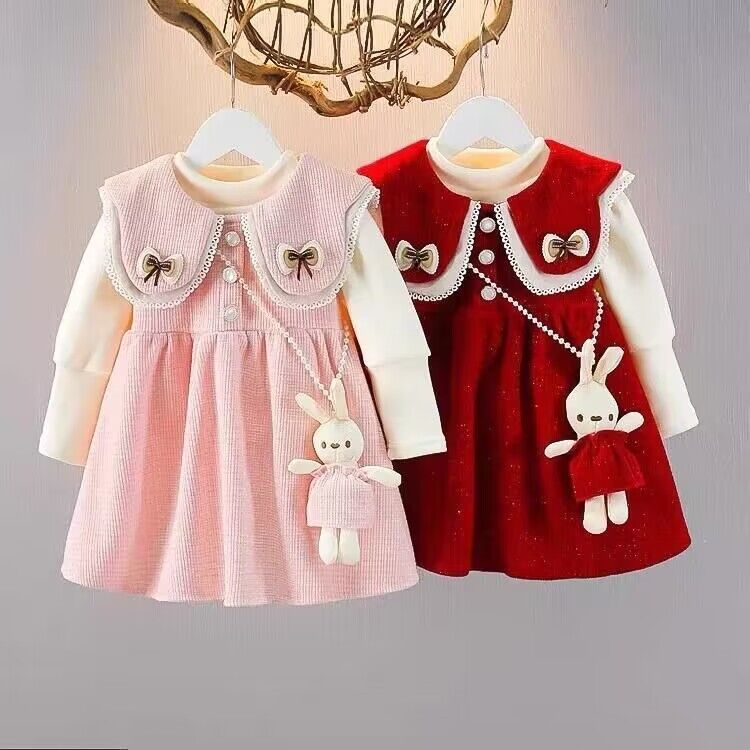 Girls Dress Winter Clothes 2023 New Plush Children's Princess Dress Set One-Year-Old Baby Dress Autumn and Winter
