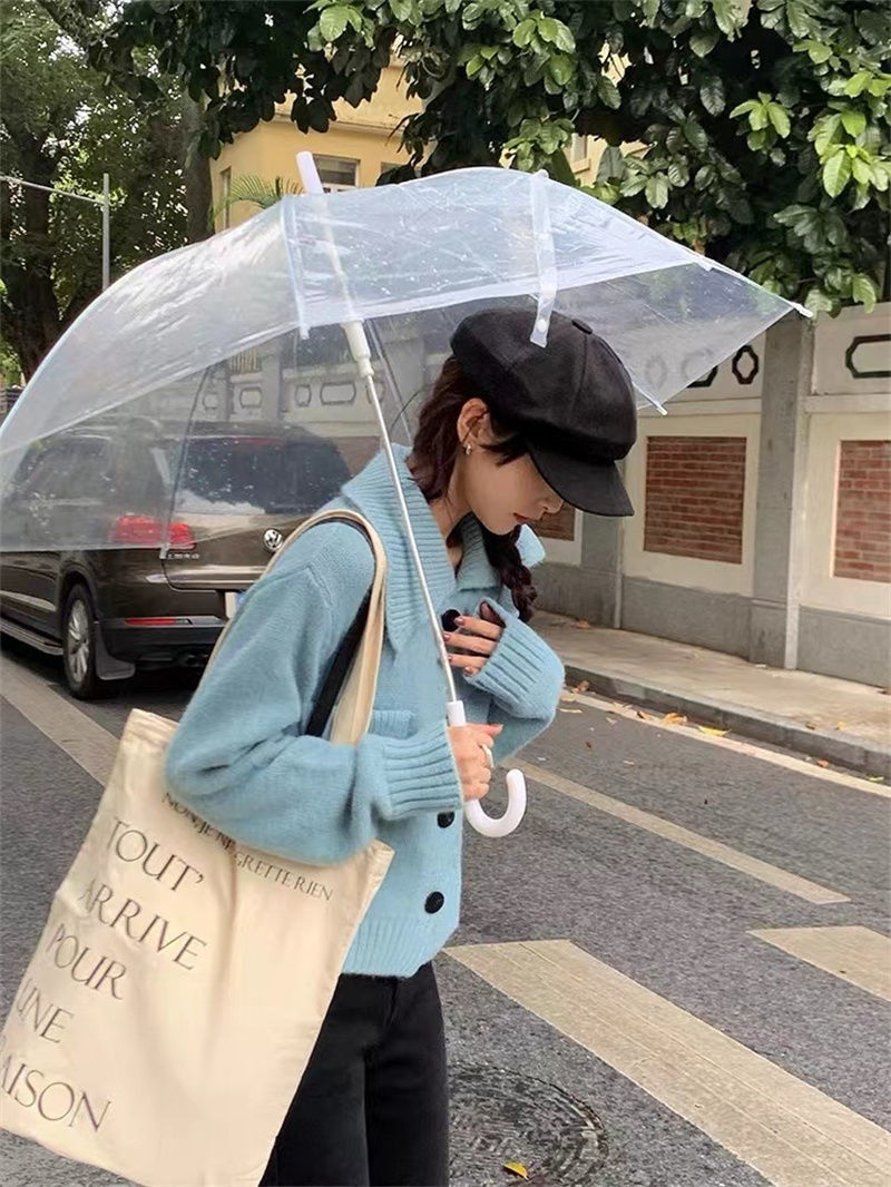藍色軟糯慵懶翻領毛衣女秋冬小眾獨特甜美減齡開衫針織外套上衣潮