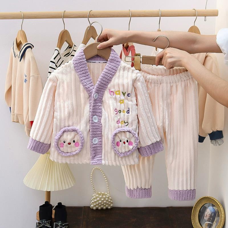 女童秋冬季加絨加厚睡衣寶寶珊瑚絨可愛小童法蘭絨家居服套裝兒童