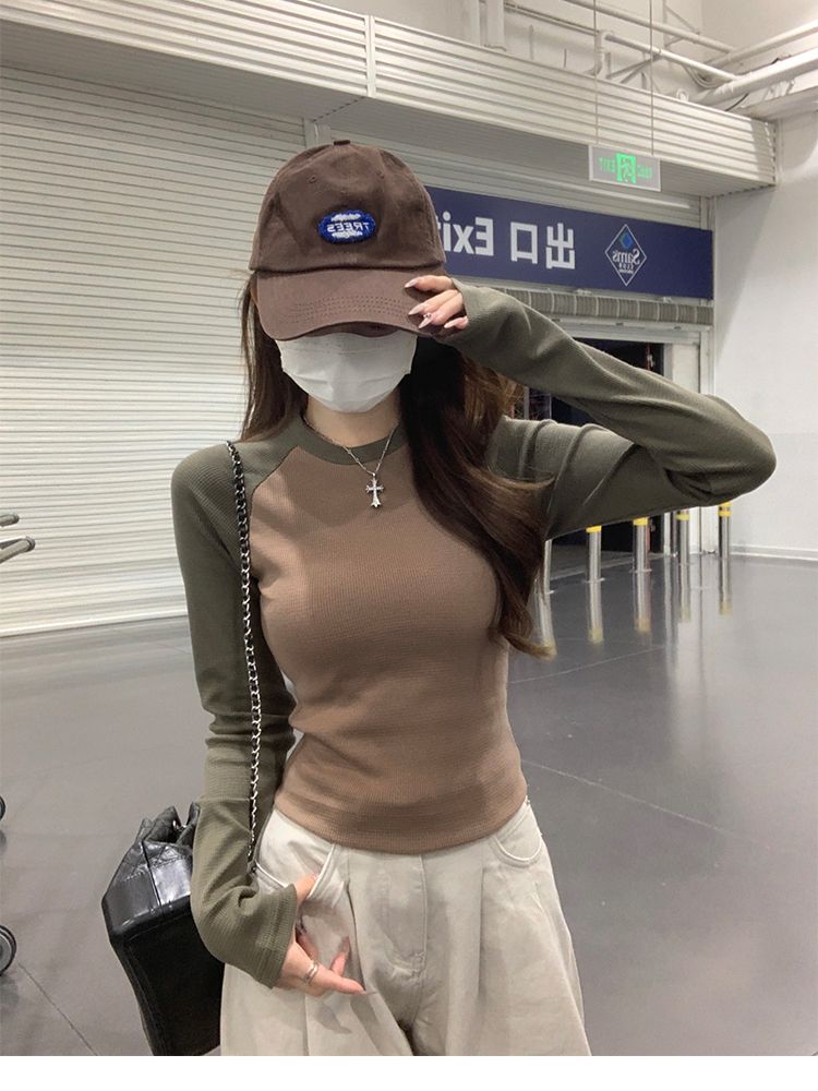 假兩件撞色插肩長袖t恤女秋冬內搭修身打底衫設計感小眾短款上衣