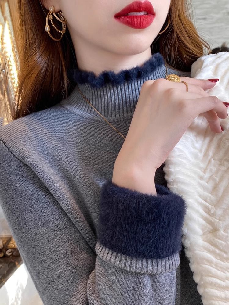 一體絨毛衣女秋冬加絨加厚半高領套頭2023年新款毛衣女針織打底衫