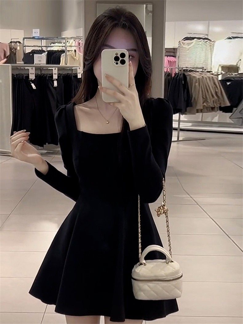 French Hepburn Square Neck High Waist Dress Black Autumn Long Sleeve Little Black Dress Waist  New Style Skirt