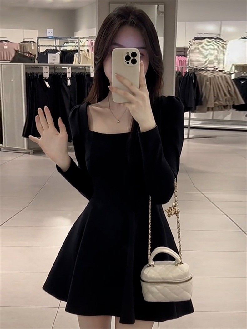 French Hepburn Square Neck High Waist Dress Black Autumn Long Sleeve Little Black Dress Waist  New Style Skirt