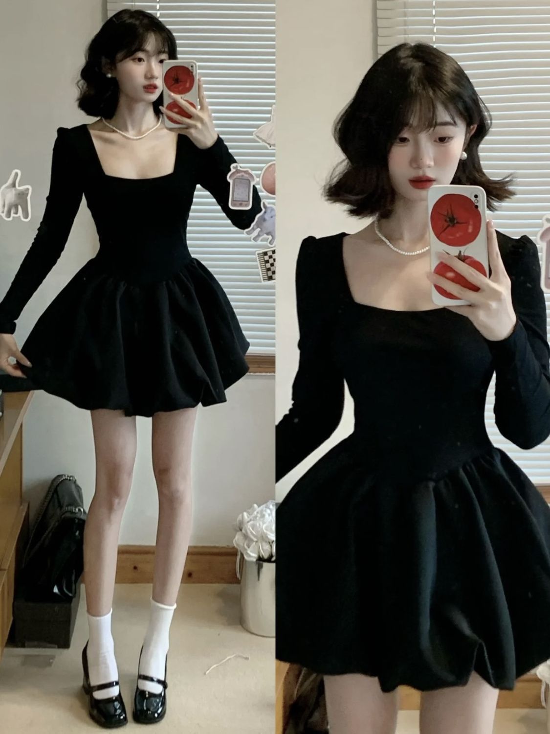 Hepburn style high-end square neck long-sleeved dress for women autumn French waist slimming little black dress short skirt