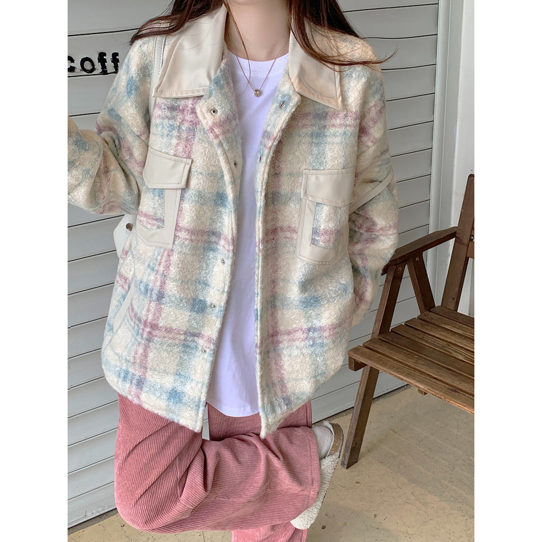 Korean style retro niche circle wool stitching plaid woolen jacket for women  winter design sweet and cool casual jacket