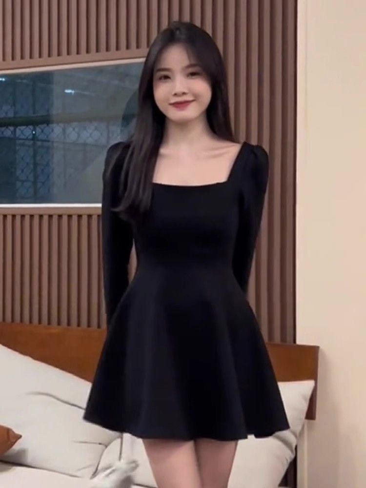 French Hepburn Square Neck High Waist Dress Black Autumn Long Sleeve Little Black Dress Waist  New Style Skirt