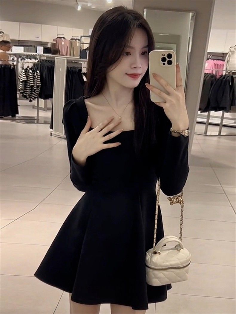 French Hepburn Square Neck High Waist Dress Black Autumn Long Sleeve Little Black Dress Waist  New Style Skirt