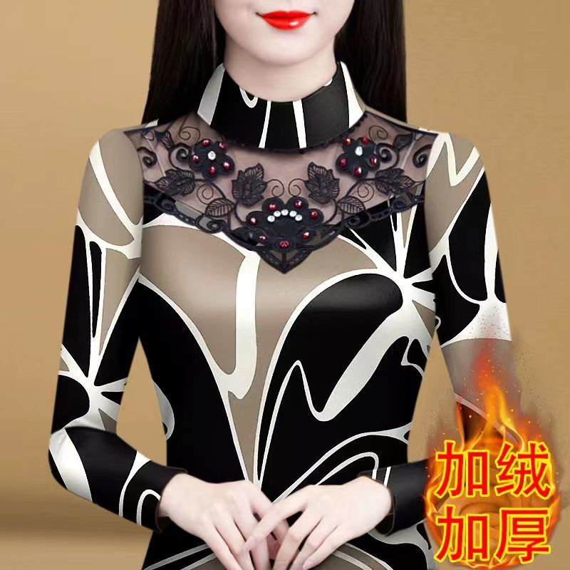 2023年新款一體絨雙面德絨印花蕾絲花邊加絨加厚打底衫女釘珠t恤