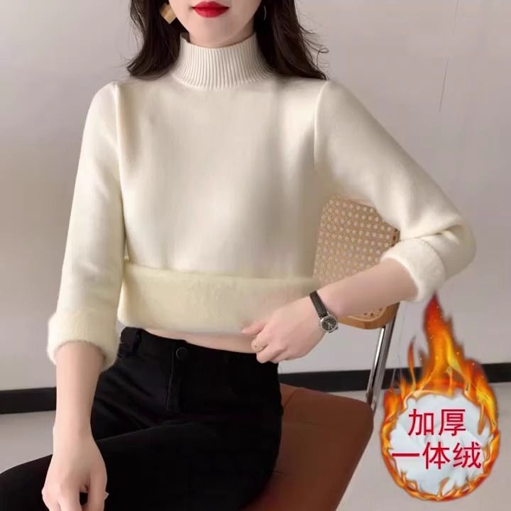 秋冬款加絨加厚毛衣女短款半高領打底針織衫內搭保暖一體絨上衣