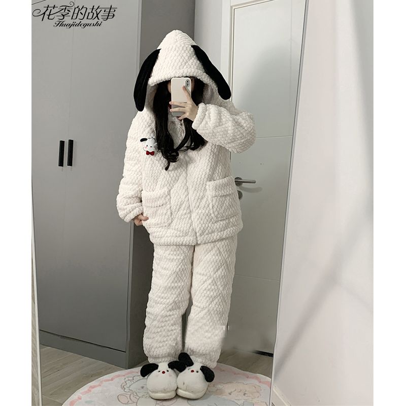 花季的故事新款睡衣女三層夾棉冬天特厚棉襖日系可愛風家居服套裝