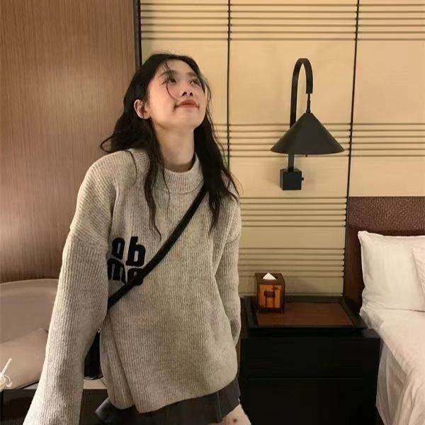 秋冬新款針織灰色毛衣女寬鬆日系復古套頭針織衫顯瘦韓系