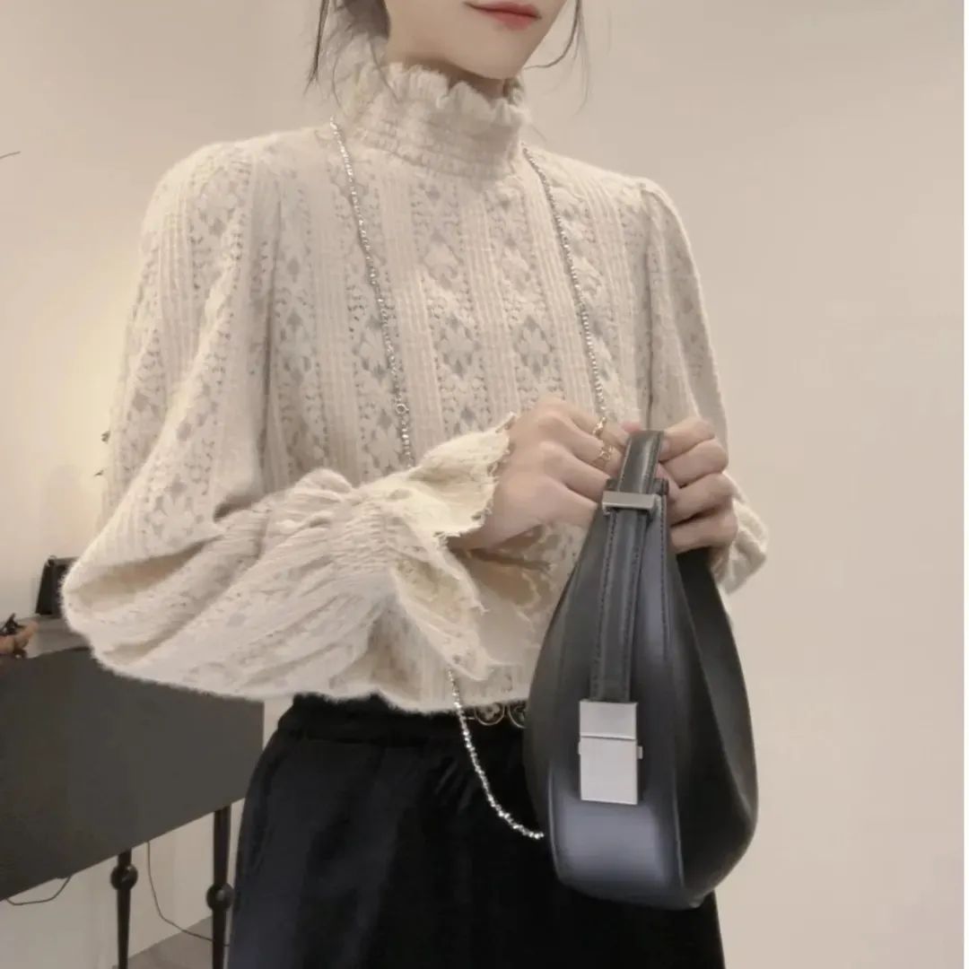 2023秋冬秋款韓系氣質荷葉邊半高領蕾絲衫女洋氣淑女內搭打底衫