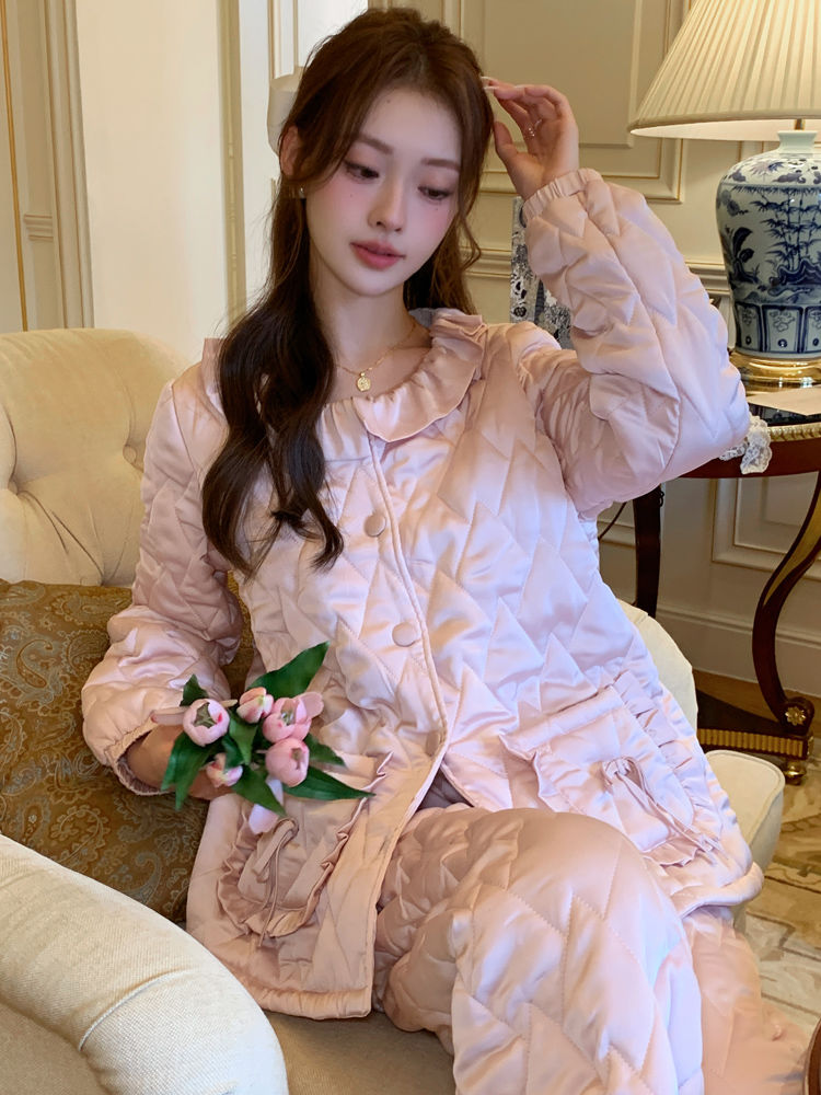 法式睡衣女秋冬新款色丁夾棉甜美公主風加厚寬鬆保暖可外穿家居服