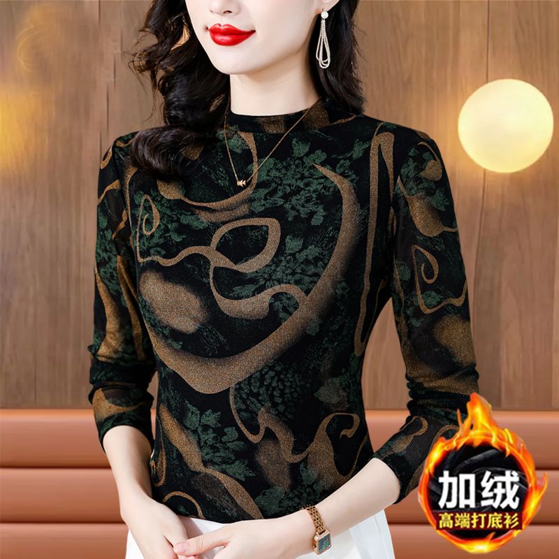 高檔南韓紗高彈力打底衫長袖女上衣秋冬新款寬鬆遮肚印花小衫
