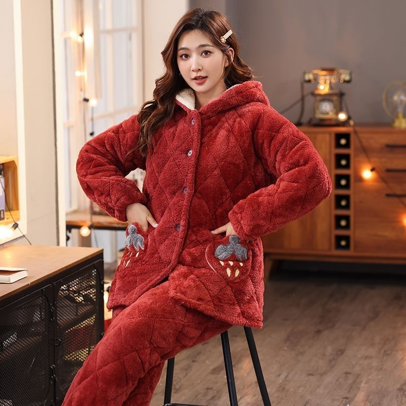 帶帽睡衣女冬季三層夾棉襖加絨加厚居家服巨厚套裝宿舍外出家居服