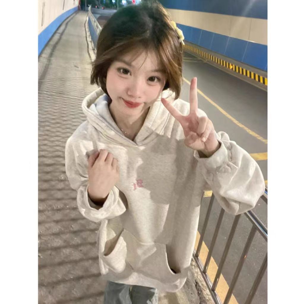 美式復古字母印花白灰色加絨連帽衛衣女春秋冬寬鬆小眾長袖上衣