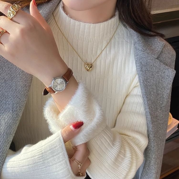 秋冬加絨毛衣女打底衫半高領加厚保暖內搭一體水貂絨針織白色上衣