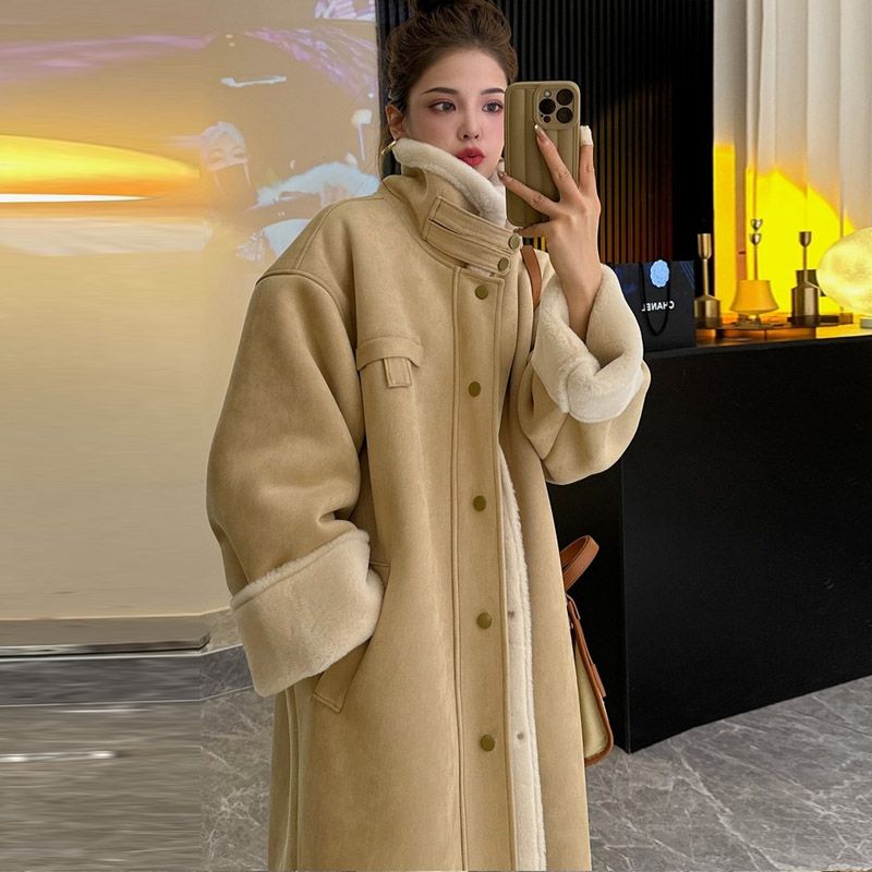 Suede fur all-in-one coat for women winter new thickened long motorcycle lamb hair coat woolen coat