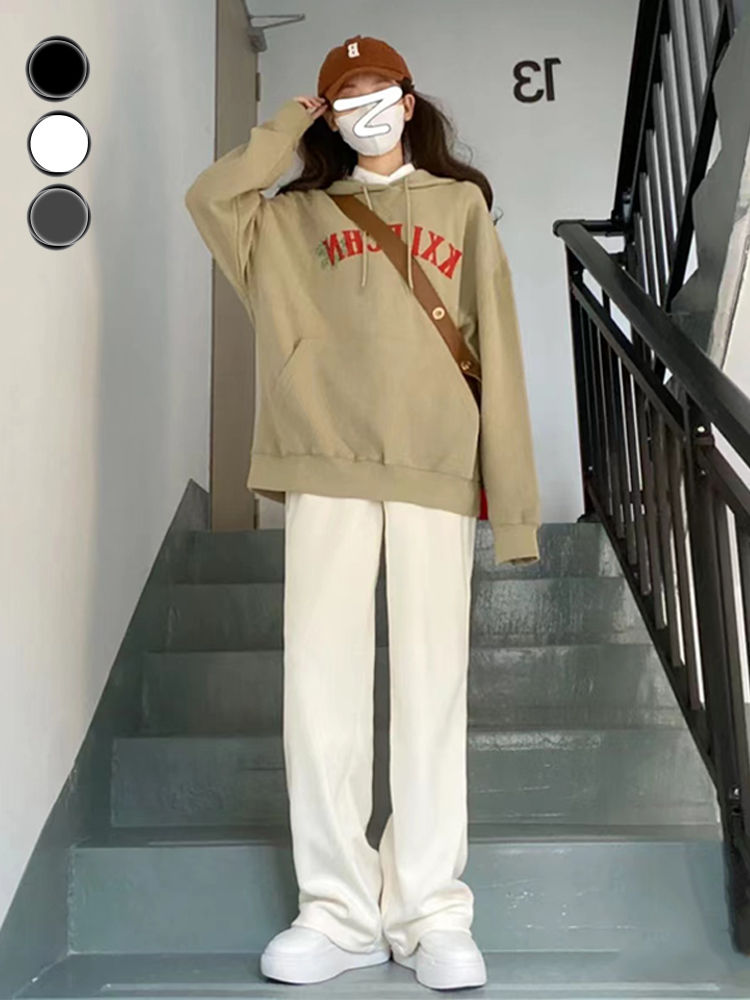 秋冬季白色闊腿褲女2023年新款高腰垂感寬鬆直筒加絨休閒針織褲子