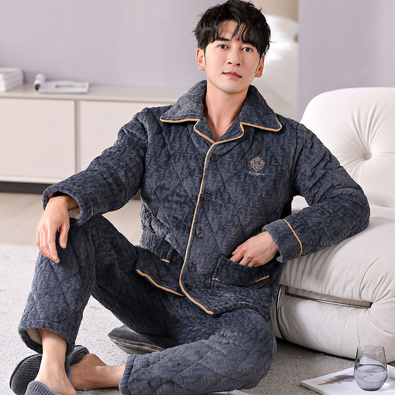 冬天男士睡衣加厚三層夾棉保暖珊瑚絨棉襖中青年法蘭絨家居服套裝