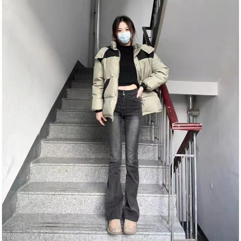 175高個子加長馬蹄褲煙灰色微喇牛仔褲女秋冬高腰顯瘦彈力喇叭褲